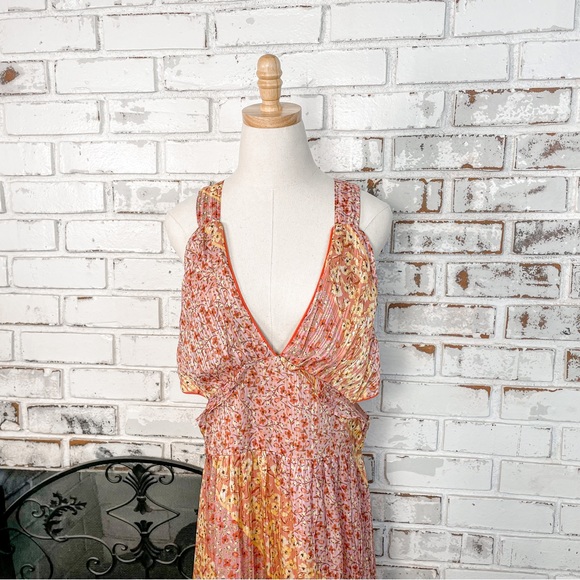 Harlyn Pink Yellow Floral Tiered Ruffle Side Cutout Sleeveless Maxi Dress XL - Picture 3 of 9